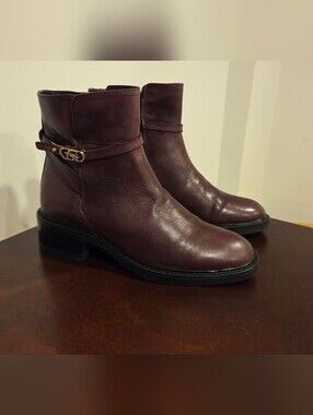 DUNE LONDON Women's Burgundy Leather Ankle Boots with Side Buckle.      SIZE 38